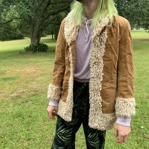 Genuine leather coat with fur collar & trim